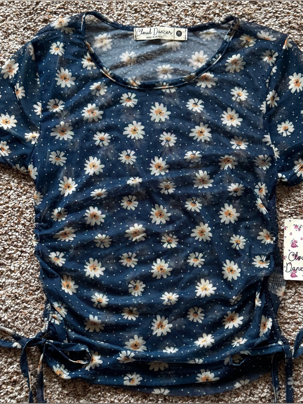 Y2K Sheer Mesh Daisy Baby Tee Ruched Floral Top Blue M NWT